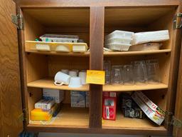 CABINET CONTAINING CUPS, ICE TRAYS, SILVERWARE, LIGHT BULBS, ETC