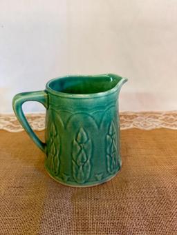 1930's ANTIQUE MCCOY GREEN POTTERY PITCHER WITH ASPARAGUS DESIGN