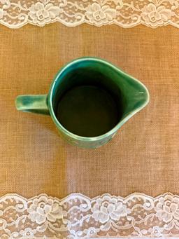 1930's ANTIQUE MCCOY GREEN POTTERY PITCHER WITH ASPARAGUS DESIGN