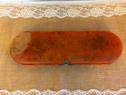 VICTORIAN CELLULOID HANDLED CARVING SET IN WOOD AND VELVET BOX