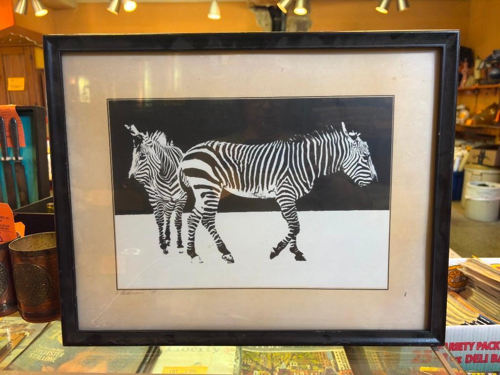 FRAMED ZEBRA LITHOGRAPH, SIGNED BY ARTIST, 15"H X 19"W