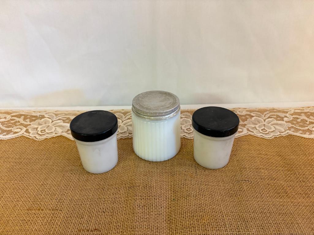 (2) VINTAGE MILK GLASS JAR & LID, APOTHECARY SALVE, ETC 2" DIA X 2 1/2"H, AND VINTAGE