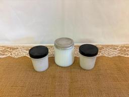 (2) VINTAGE MILK GLASS JAR & LID, APOTHECARY SALVE, ETC 2" DIA X 2 1/2"H, AND VINTAGE