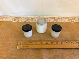 (2) VINTAGE MILK GLASS JAR & LID, APOTHECARY SALVE, ETC 2" DIA X 2 1/2"H, AND VINTAGE
