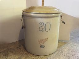 20 GALLON RED WING CROCK, WING IS APPROX 5" ACROSS, 20.5" TALL, LID IS MARKED "20' AND IS