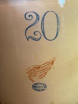 20 GALLON RED WING CROCK, WING IS APPROX 5" ACROSS, 20.5" TALL, LID IS MARKED "20' AND IS