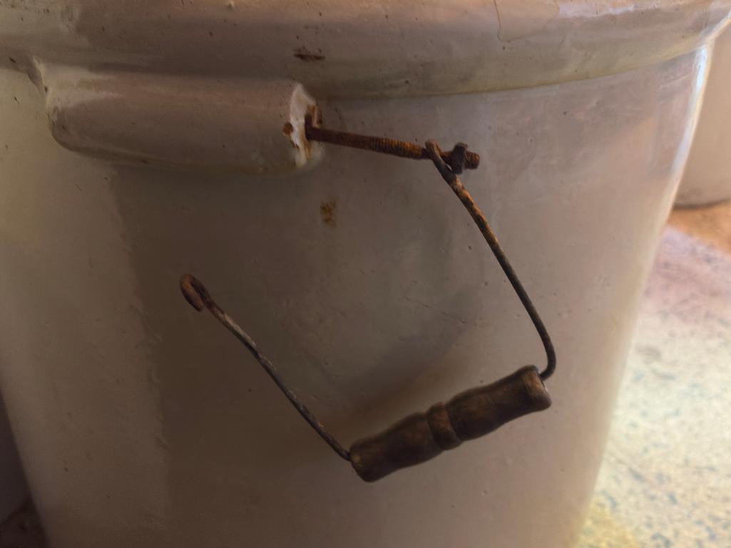 20 GALLON RED WING CROCK, WING IS APPROX 5" ACROSS, 20.5" TALL, LID IS MARKED "20' AND IS