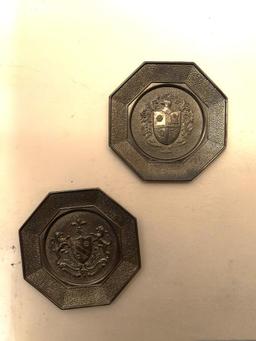 PAIR OF VINTAGE BRASS CHARGERS USED AS A DECORATIVE WALL HANGING FEATURES ORNATE, TEXTURED