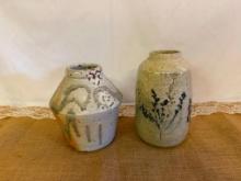 (2) PIECES OF ART POTTERY: (1) EARTH TONES 7" T X 7"W; (1) EARTH TONE W/BLUE FLORAL PATTERN