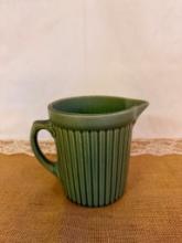 VINTAGE MID-CENTURY GREEN POTTERY PITCHER 5 1/2" TALL WITH VERTICAL STRIPE PATTERN