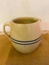 STONEWARE PITCHER GLAZED CROCK 2 COBOLT BLUE STRIPE, 8" TALL