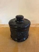 VINTAGE FENTON BLACK GLASS GRAPE AND CABLE TOBACCO JAR, EMBOSSED GRAPE LEAF