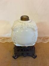 MILK GLASS OIL LAMP BASE, NOTE SWEET EMBOSSING, BASE HAS THE # 112., APPROX 9" TALL