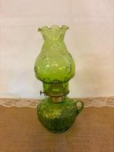VINTAGE LE SMITH MOON AND STARS OLIVE GREEN GLASS OIL LAMP 12" TALL