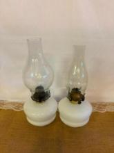 (2) OIL LAMPS, ONE SHINY WHITE BASE 14 1/2" T WHITE MATTE BASE, NO 2 QUEEN ANNE OIL LAMP 13 1/2"T