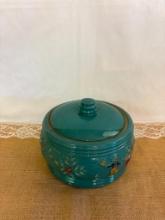 1940's RED WING POTTERY COOKIE JAR/POT, GREEN TUREEN W/DANCING FIGURES PATTERN, WITH LID