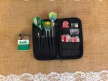 HEAVY DUTY DART SET WITH CASE AND EXTRA FLIGHTS, AND A FUN SALEM CIGARETTE LIGHTER
