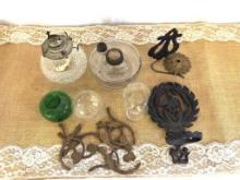 ANTIQUE WALL RECEIPT HOLDER, WALL OIL LAMP HOLDER, FRENCH LAMP PARTS, MISC OIL LAMPS,