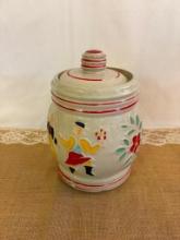 1940's RED WING POTTERY COOKIE JAR/POT, WHITE W/DANCING PEASANTS W/FLORAL PATTERN, WITH LID