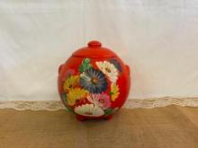 VINTAGE RANSBURG COOKIE JAR ORANGE FLOWERED BALL STONEWARE CROCK, HAND PAINTED, APPROX 9"X9"