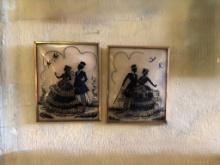 PAIR OF VINTAGE CONVEX SILHOUETTE PICTURES, ART DECO, REVERSE W/COPPER FRAME 5"H X 4"W