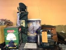 LOT OF CAMPING GEAR TO INCLUDE SLEEPING BAG, COLEMAN TABLE LAMP, SPORTS CHAIR, TV LANTERN,
