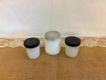 (2) VINTAGE MILK GLASS JAR & LID, APOTHECARY SALVE, ETC 2" DIA X 2 1/2"H, AND VINTAGE