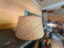 LARGE VINTAGE FIBERGLASS LAMP SHADE WITH RED GEOMETRIC DESIGNS AND HUES WITH ART DECO FINIAL