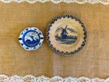 VINTAGE PLATE W/BLUE RIMMED EDGE, FEATURING WINDMILL, SAILBOAT, 6 5/8" DIAMETER