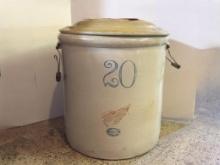 20 GALLON RED WING CROCK, WING IS APPROX 5" ACROSS, 20.5" TALL, LID IS MARKED "20' AND IS