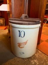 RED WING #10 CROCK. WING MEASURES APPROX 5", BAIL WIRE HANDLES INTACT, ONE MISSING THE WOOD,