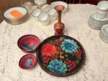 HAND PAINTED FLORAL WOODEN VASE 9 1/2"H AND MEXICAN FOLK ART BOWLS WITH MEXICAN WOODEN BATEA