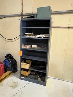 GREY METAL CABINET, (MISSING DOORS), 18"D X 36"W X 78"H, WITH CONTENTS: BRASS FITTINGS, (BAGS),