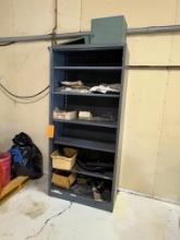 GREY METAL CABINET, (MISSING DOORS), 18"D X 36"W X 78"H, WITH CONTENTS: BRASS FITTINGS, (BAGS),
