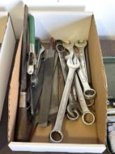 BOX WITH COMBINATION WRENCHES, VARIOUS SIZES, HOLE PUNCH, CRESCENT WRENCH AND FILES