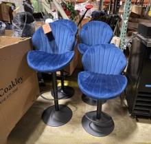 (4) BLUE VELVET SEA SHELL STYLE SWIVEL STOOLS, ADJUSTABLE HEIGHT, WITH FOOT REST