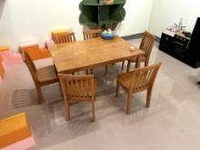 CHILDRENS TABLE, MAPLE BUTCHER BLOCK TOP, 30-1/8" X 44-7/8" X 22-1/8"H, WITH (6) CHAIRS
