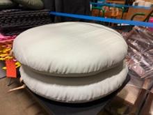 (2) GATHRE LIGHT GREY FLOOR CUSHION CIRCLE, POLYURETHENE LEATHER, 39" DIAMETER, (1) WITH DAMAGED