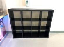 BOOKCASE, BLACK WOODGRAIN LAMINATE, WITH 12-CUBBIES, 15-1/2"D X 57-3/4"W X 43-78"H
