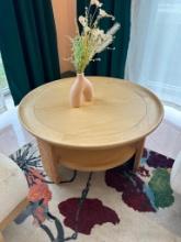 ROUND COFFEE TABLE, NATURAL WOOD, 2-TIER WITH RATTAN BASE, 31-1/2" DIAMETER X 16"H