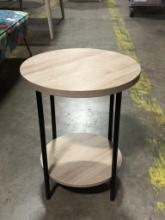 SIDE TABLE, ROUND, NATURAL WOOD LAMINATE, 2-TIER, 18" DIAMETER TABLE TOP WITH BLACK LEGS/FRAME