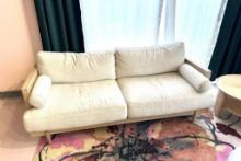 SOFA, NATURE WOOD FRAME WITH RATTAN SIDES, LIGHT TAN CUSHIONS, 35-1/4"D X 78-1/2"W X 25-1/2"H