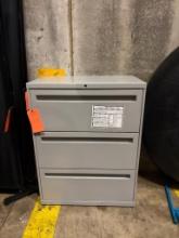 GREY METAL HORIZONTAL FILE CABINET, LEGAL 3-DRAWER, 18"D X 30"W X 39-1/4"H