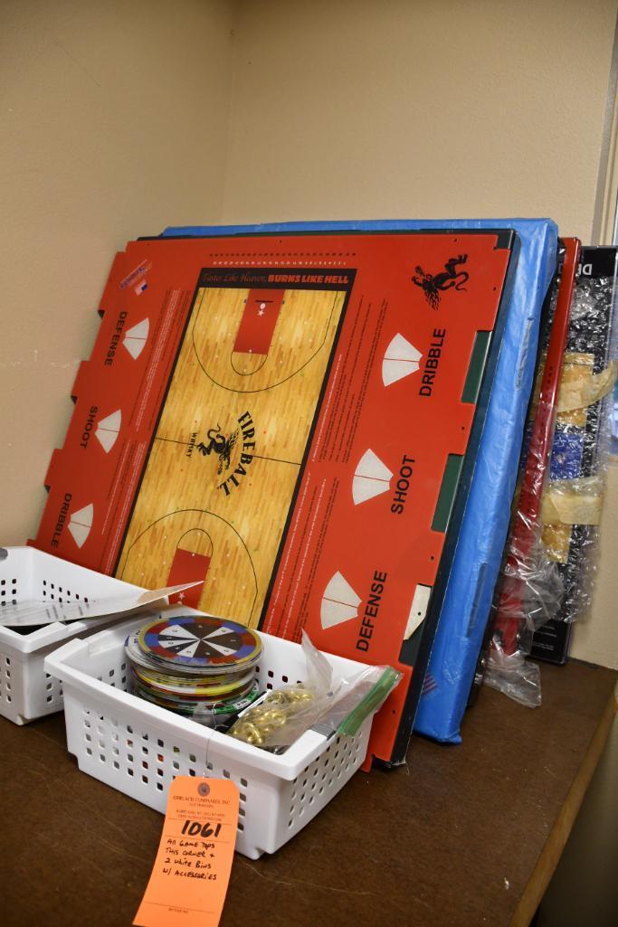 IN CORNER: GAME TOPS & 2 WHITE BINS W/ACCESSORIES