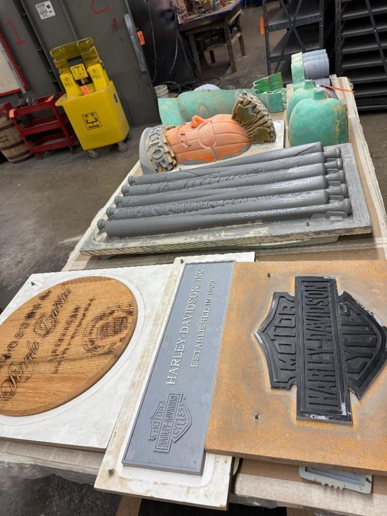 TOP SHELF - THIS TABLE: ASSORTED MOLDS OF HARLEY DAVIDSON, BUD BASEBALL BATS,