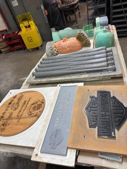 TOP SHELF - THIS TABLE: ASSORTED MOLDS OF HARLEY DAVIDSON, BUD BASEBALL BATS,