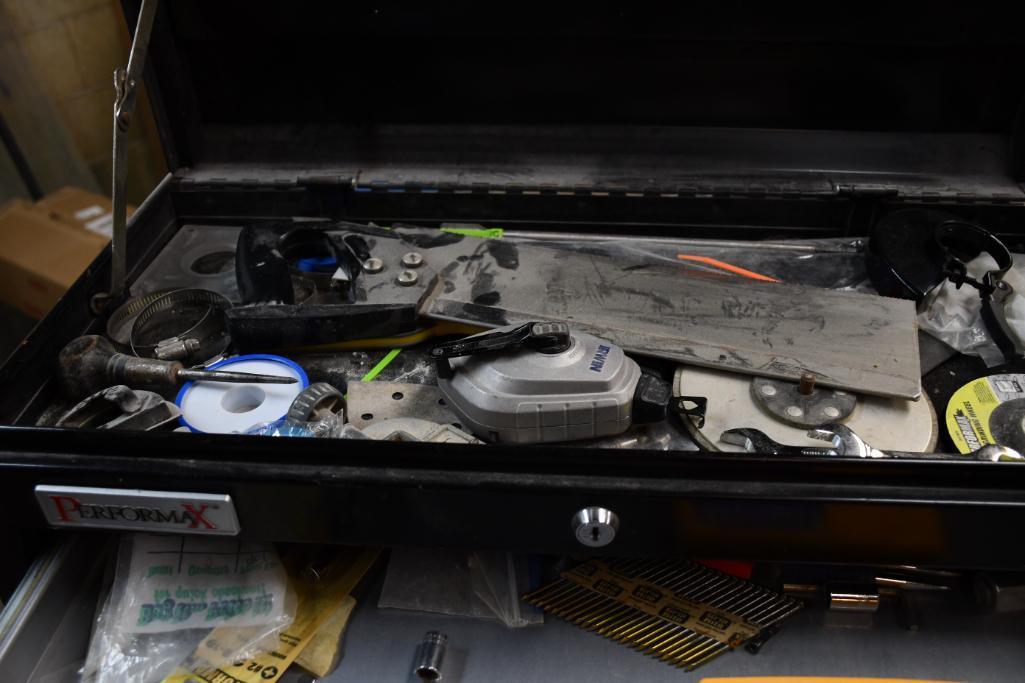 TWO PIECE PERFORMAX BLACK TOOL BOX, 7 DRAWERS/BIN WITH CONTENTS;
