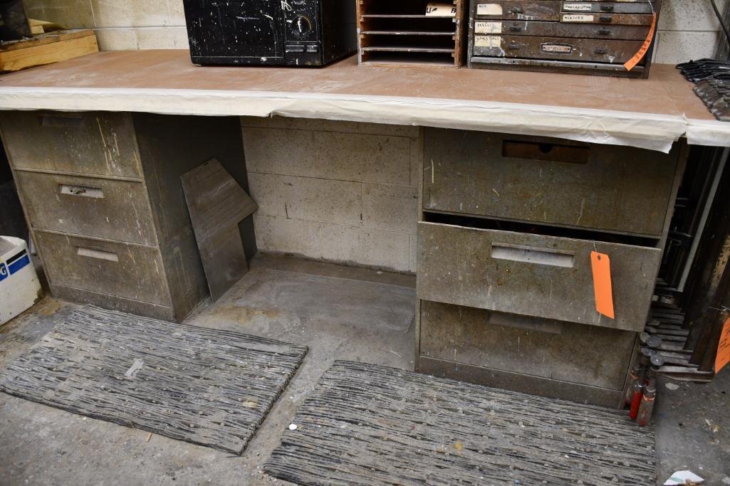 (2) THREE DRAWER METAL STORAGE CABINETS WITH CONTENTS IN DRAWERS, WOOD TOP MAY BE ATTACHED,
