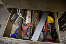 (2) THREE DRAWER METAL STORAGE CABINETS WITH CONTENTS IN DRAWERS, WOOD TOP MAY BE ATTACHED,