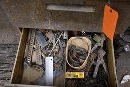 (2) THREE DRAWER METAL STORAGE CABINETS WITH CONTENTS IN DRAWERS, WOOD TOP MAY BE ATTACHED,